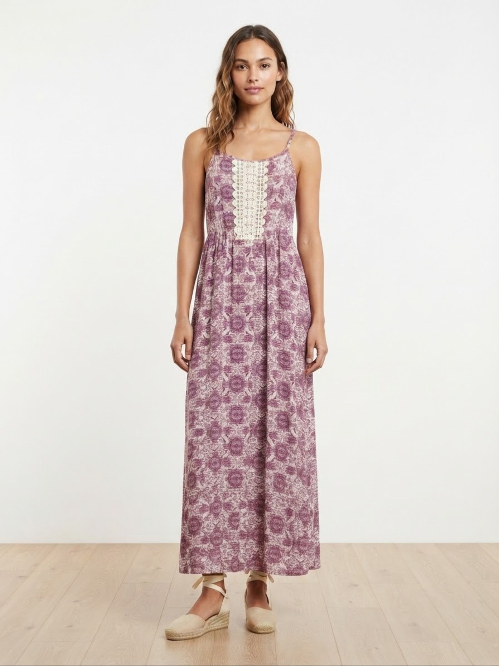 French Grey Mauve Floral Maxi Dress with Lace Front Bib